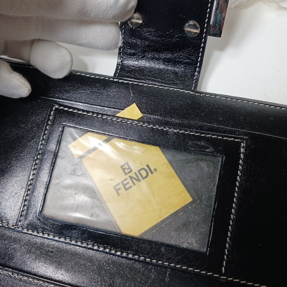 FENDI Zucchino canvas long wallet with button snap silver brass logo navy Blue - Picture 12 of 16